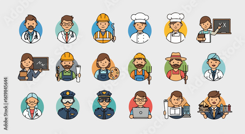 Collection of diverse professional icons representing various careers and occupations
