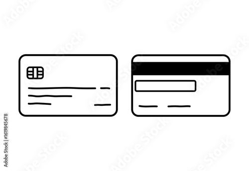Credit card on both sides isolated on a white background. Vector hand-drawn illustration in doodle style. Perfect for decorations, logo, various designs.
