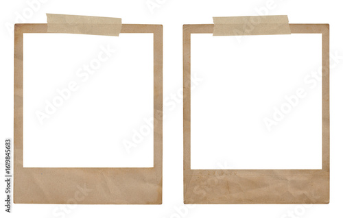 old vintaged used polaroid photo frames with masking tape strips isolated on transparent background, template, extracted, png file