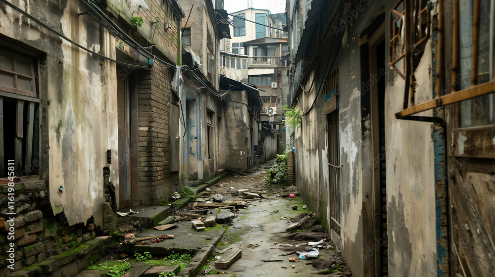 Fototapeta premium Narrow Alleyway in Urban Setting, Weathered Buildings and Ground Debris