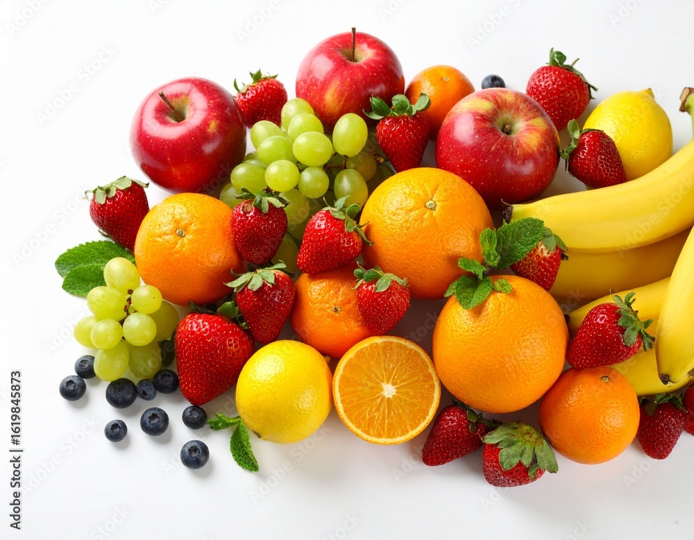 A vibrant display of strawberries, apples, oranges, bananas, grapes, blueberries, and lemons with touches of mint leaves on a white backdrop A vibrant display of strawberries, apples, oranges, bananas, grapes, blueberries, and lemons with touches of mint leaves on a white backdrop