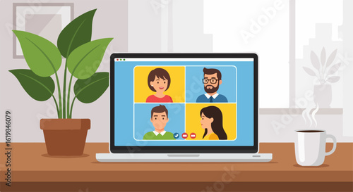 Video conference laptop with four participants in a modern office setting
