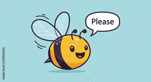Cute cartoon bee with speech bubble asking please for friendly appeal