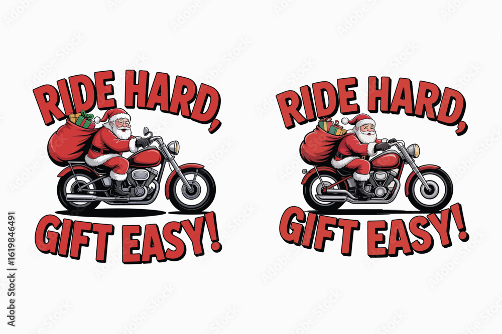 Obraz premium Santa riding motorcycle with gifts Santa Claus Christmas