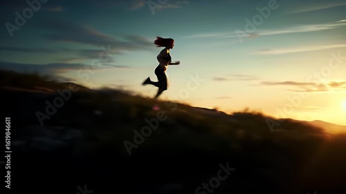 Wallpaper Mural Athletic Woman Silhouetted Running on Mountain Ridge at Sunset Golden Hour with Dynamic Warm Light and Blue Sky Fitness Concept and Outdoor Adventure Promoting Health And Wellness Torontodigital.ca