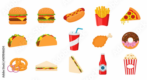 Fast food meal with burgers fries soda and snacks
