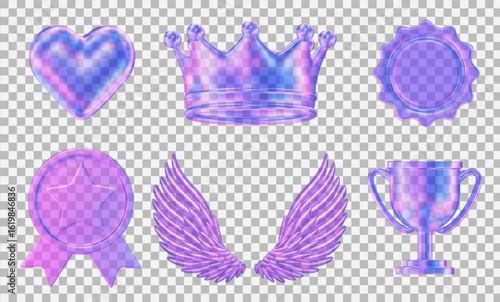 3d glass transparent neon heart, crown, medal, coin with star, wings, trophy. Y2k style. Stock vector illustration on isolated background.