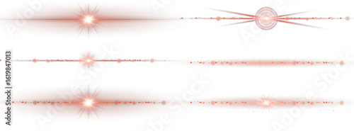 Horizontal red light glow with sparkles and flare effect on transparent background. Neon red line stripe for decoration, transitions or abstract motion effects in digital design.