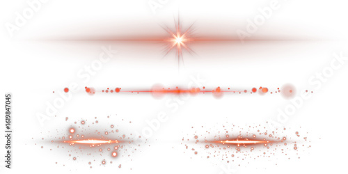Magic red flare beam with energy particles and glowing core. Horizontal neon stripe for banners, futuristic backgrounds or animated effects.