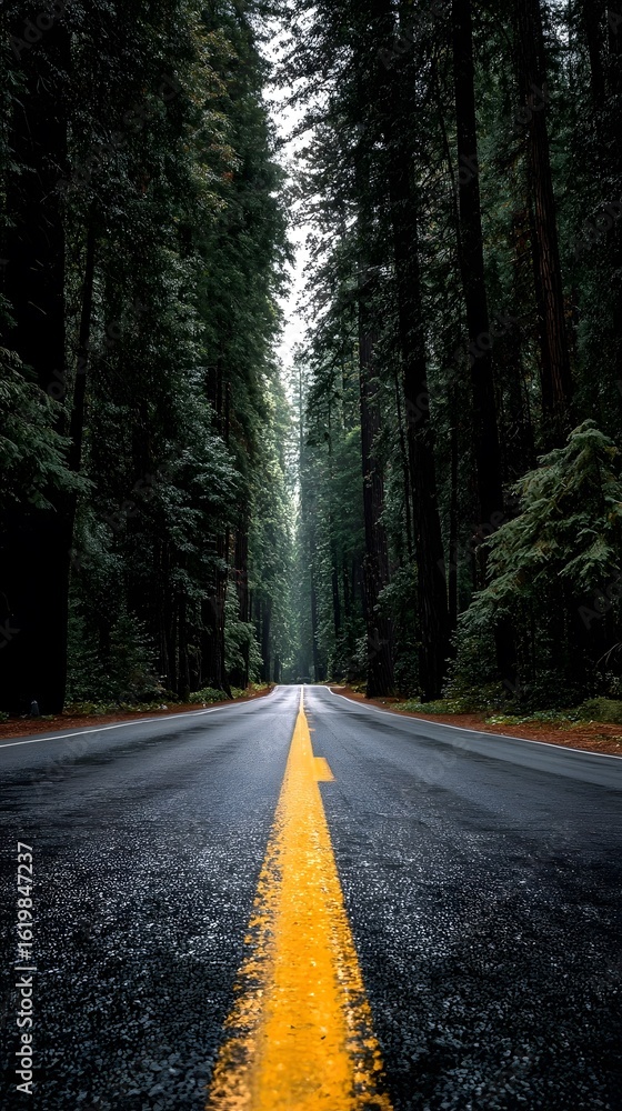 Fototapeta premium Road lined with tall trees in a forest.