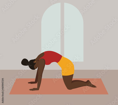 A young woman practicing yoga at home on a mat. Flat style.