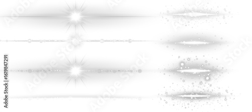 Clean white horizontal glow lines with magic sparkles. Transparent neon beam dividers for elegant visuals, modern banners, or cinematic light overlays.