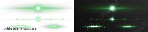 Green neon light streak with transparency and glitter. Energy beam for modern visual design, digital interface decoration or sci-fi video overlays.
