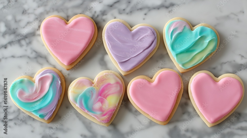 Obraz premium Heart-shaped cookies with vibrant icing designs create a cheerful display on a marble counter.
