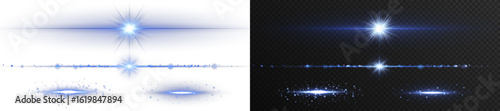 Horizontal blue light flare with glimmer particles on transparent background. Isolated streaks of energy, ideal for digital effects, video overlays, and sci-fi themes.