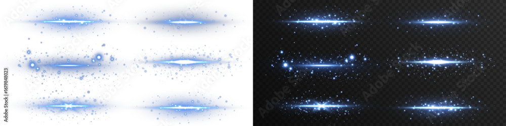 Obraz premium Electric blue laser lines with glowing dust and sparkle trail. Futuristic light dividers for posters, web design, game UI, or tech motion graphics.