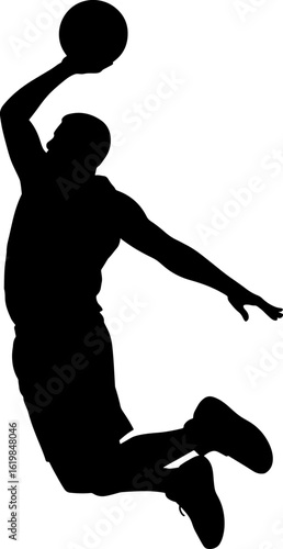 Black silhouette of a basketball player dunking on a white background slam dunk