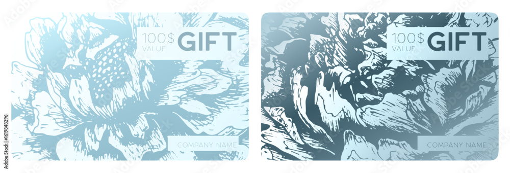 Obraz premium Gift card, voucher or lux name card. Invitation card with luxury hand drawn piony texture in white color. Gift bonus cards, loyalty program , referral experience cashback, discount coupon, giftcard,