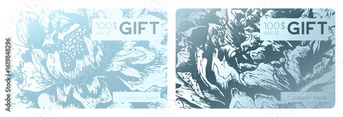 Gift card, voucher or lux name card. Invitation card with luxury hand drawn piony texture in white color.  Gift bonus cards, loyalty program , referral experience cashback, discount coupon, giftcard,