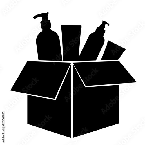 Silhouette of open box with cosmetics products – Neat packaging, fulfillment pride