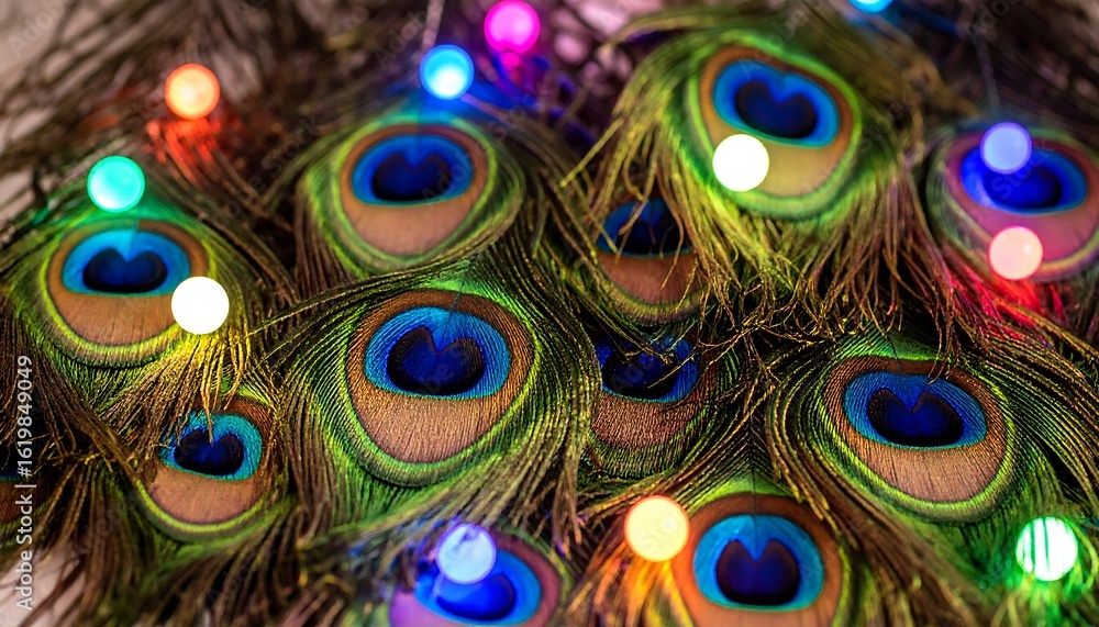 Fototapeta premium Colorful peacock feathers with festive lights