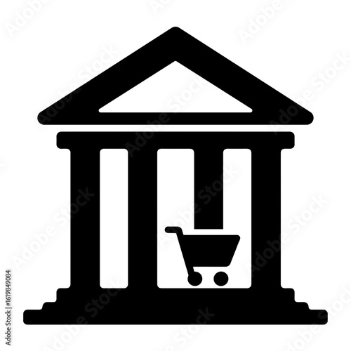 Silhouette of bank building with shopping trolley icon – Financial services, retail engagement