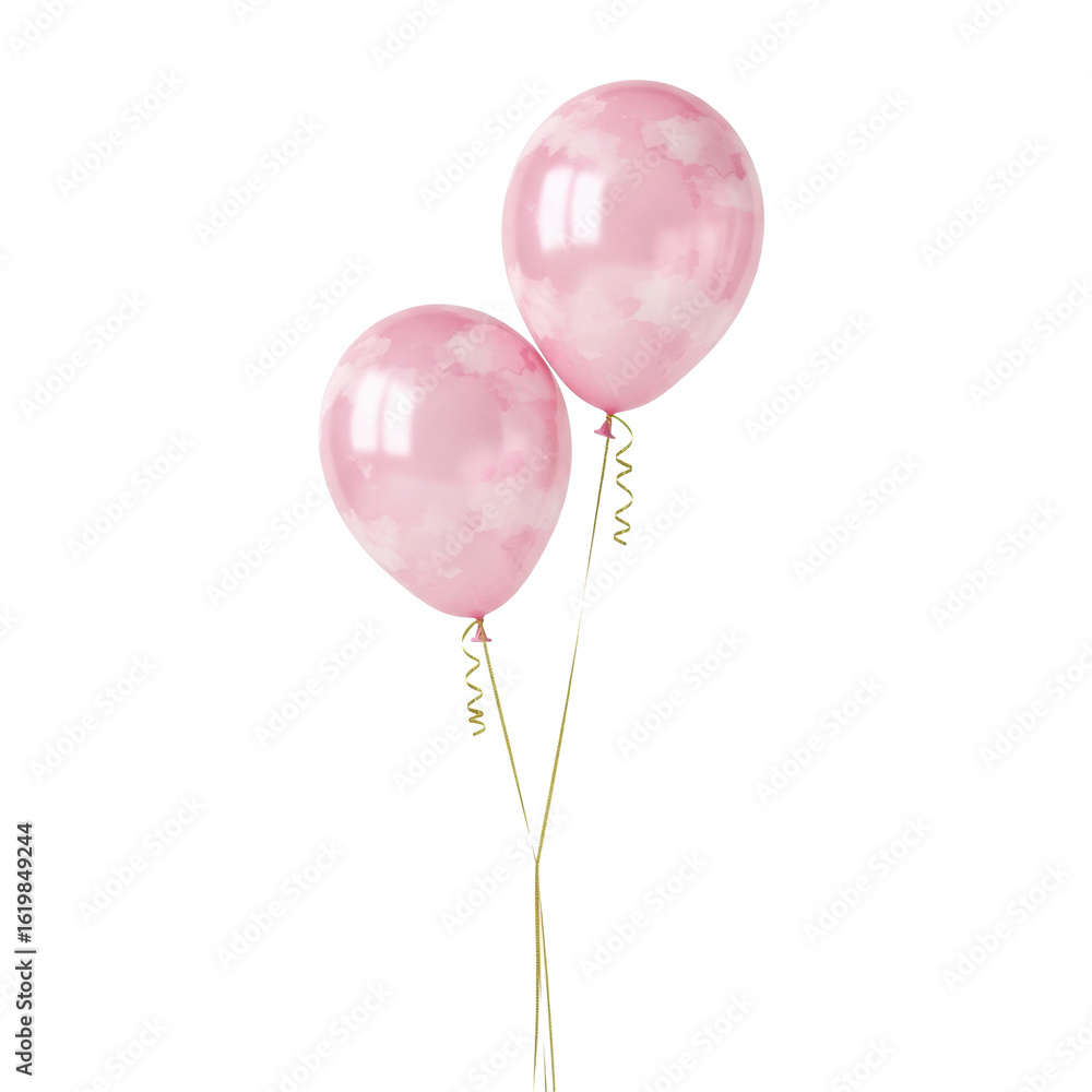 Two light pink teardrop-shaped party balloons with subtle watercolor patterns, tied with shimmery golden strings, floating gracefully in a transparent studio with copy space, shadowless lighting. Two light pink teardrop-shaped party balloons with subtle watercolor patterns, tied with shimmery golden strings, floating gracefully in a transparent studio with copy space, shadowless lighting.