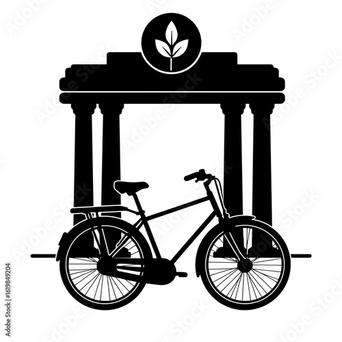 Bicycle parked near hotel entrance with leaf symbol – Eco transport option, green mobility
