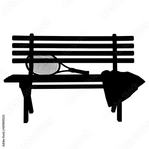 Silhouette of tennis racket and towel on bench – Athlete pause moment, court equipment