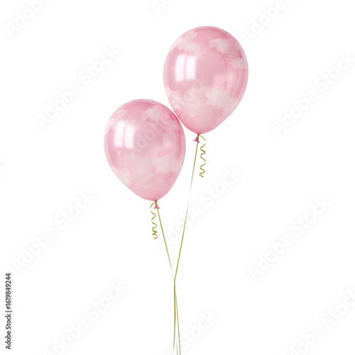 Two light pink teardrop-shaped party balloons with subtle watercolor patterns, tied with shimmery golden strings, floating gracefully in a transparent studio with copy space, shadowless lighting.
