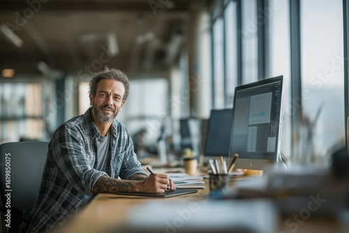 Smiling male designer working on a graphic tablet in modern office setting