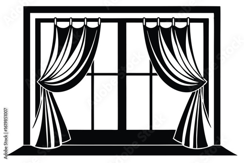 Black and white illustration showing window with drapes on a windowsill symmetrical design