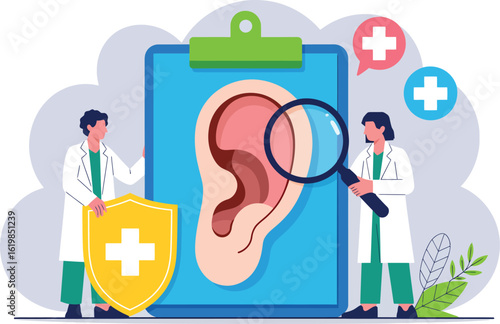 Doctors examining ear with magnifying glass and shield for protection on a clipboard illustration