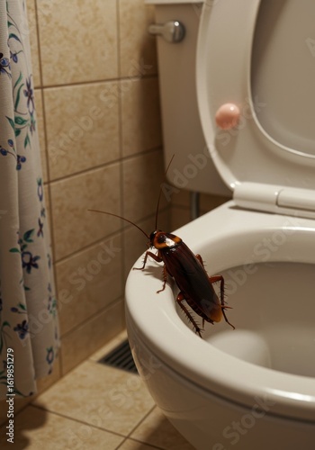 Cockroach on toilet seat in bathroom setting with tile and floral shower curtain