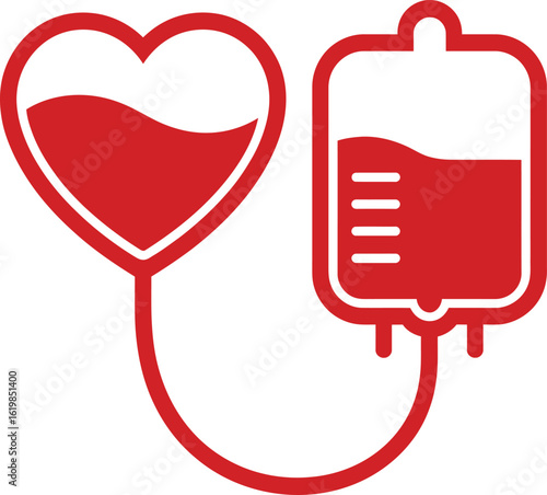 Vector Illustration of a Heart Connected to a Blood Bag, Symbolizing Blood Donation, Transfusion, and Medical Care