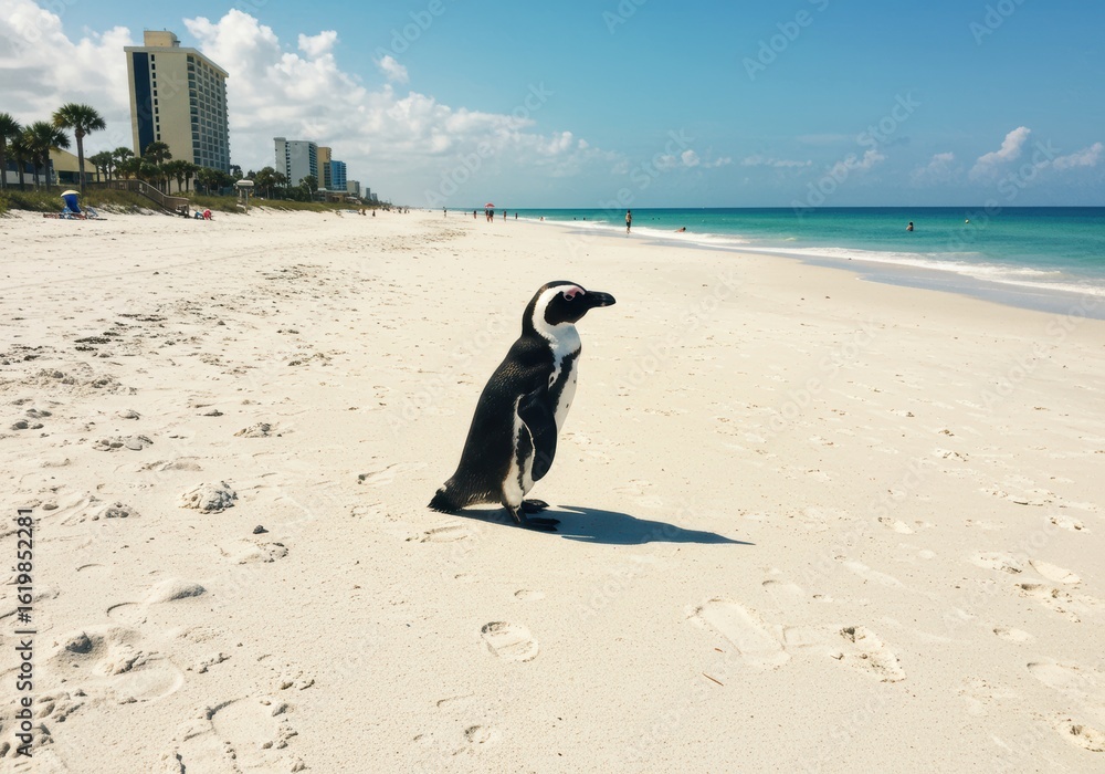 Fototapeta premium Penguin strolls on sunny beach with skyscrapers lining the shore under clear skies