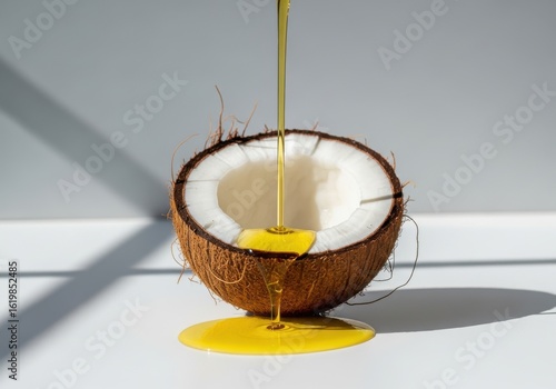 Coconut oil pouring into a halved coconut isolated on white background