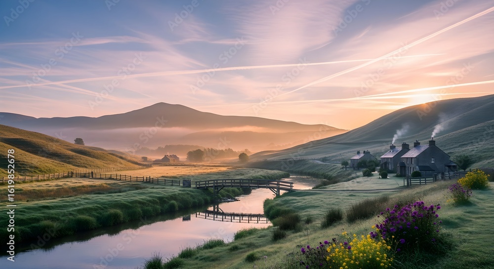 Fototapeta premium Sunrise Serenity: Misty Valley Awakens * Golden Dawn Over Rolling Hills & Stone Cottages * Tranquil Morning Mist Embraces a Rural