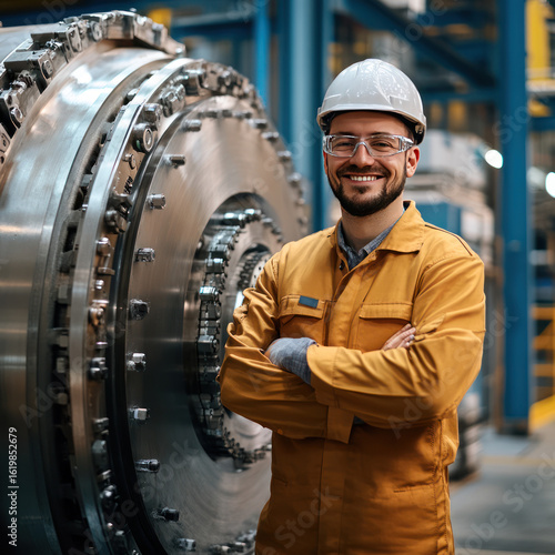 Portrait of factory worker. Young handsome factory worker.