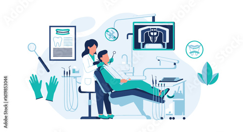 A dentist examines a patient in a dental chair, with x-ray images and tools visible in the modern, clean office setting.