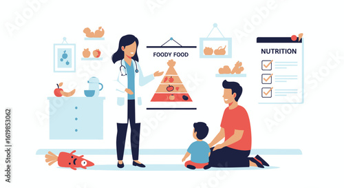 A female doctor explains a food pyramid to a father and child in a bright, friendly office setting, discussing nutrition and healthy eating habits.