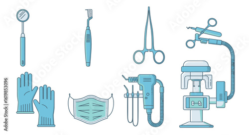 Illustration of dental tools and equipment including a mirror, scaler, forceps, gloves, mask, drill, and dental chair.