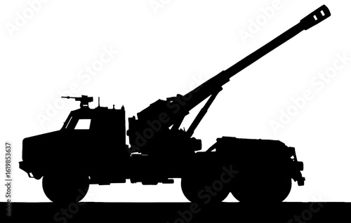 Silhouette of a military artillery vehicle with a long barrel