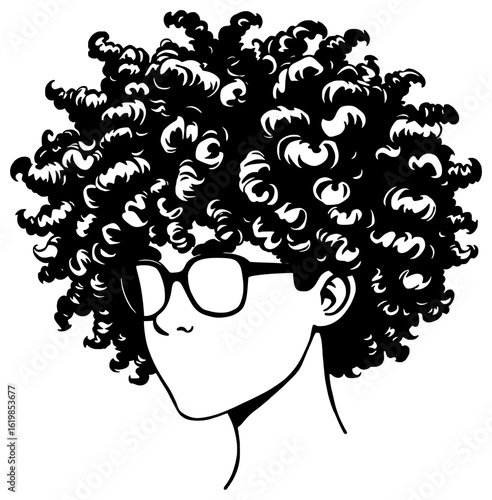 Silhouette of a person with curly hair wearing glasses