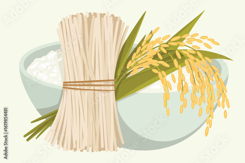 Bundle of uncooked noodles with fresh rice stalks and bowl of rice