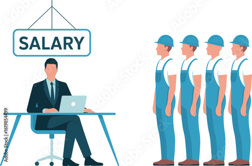 A manager at a desk with a laptop under a salary sign facing four workers in blue overalls standing