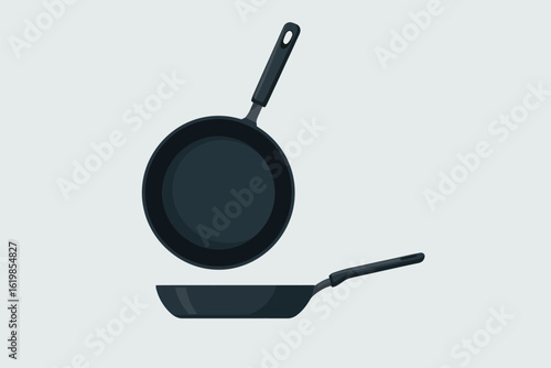 Two black frying pans with handles on a light blue background