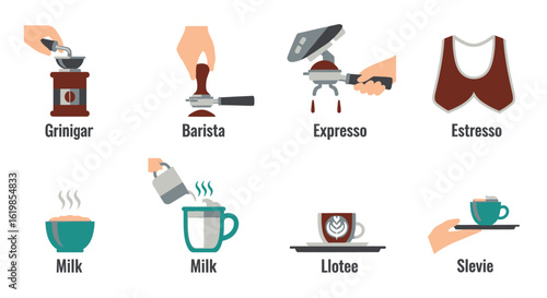 Illustration depicting the steps of coffee preparation, from grinding beans to serving a latte and espresso.