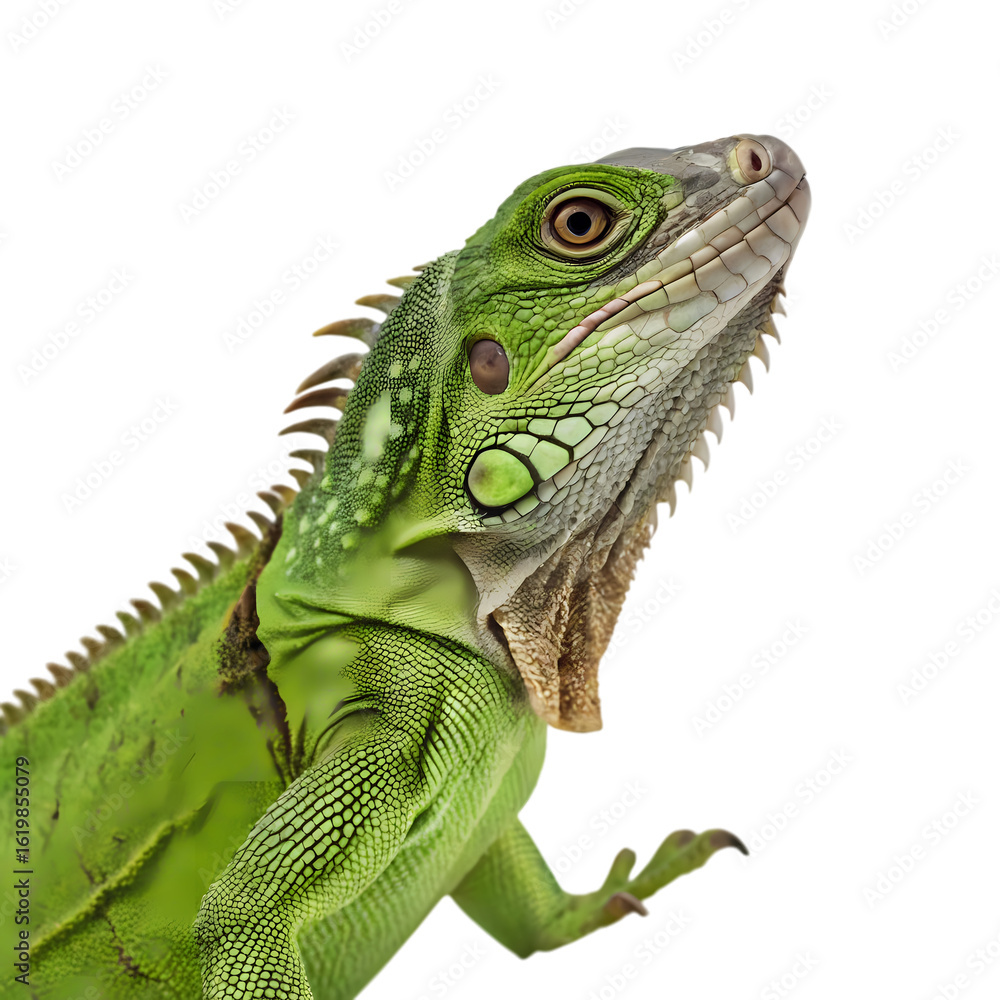 Fototapeta premium Green Iguana CloseUp Profile on White Background on transparent background
