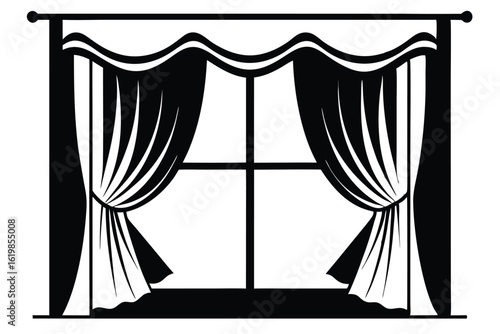 Black and White Window Frame with Stylish Curtains, Traditional Interior Decor Element